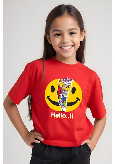 Panios Kids Emoji Baskılı Kız Çocuk Kısa Kollu T-shirt Kırmızı