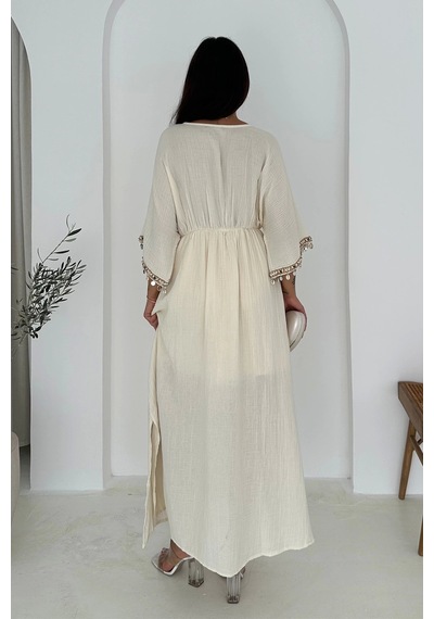 Asprin Fashion Anvelop Yaka Pullu Elbise Beyaz Beyaz
