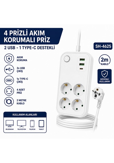 Sh-4629 4 Lü Topraklı Akım Korumalı Priz 2 Usb 1 Type-c Şarj Çıkışlı 2 Metre Kablolu Anahtarlı Çoklu Grup Priz Uzatma Kablosu 2 M