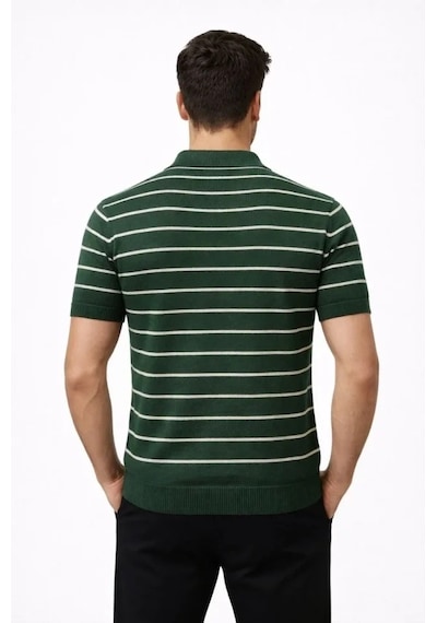 Vexor Erkek Triko Polo Yaka Fermuarlı Çizgili Tişört T-shirt Yazlık Şık - Yeşil