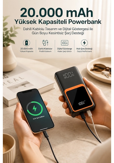 20.000 Mah Taşınabilir Şarj Cihazı Dijital Göstergeli Kablolu Powerbank Siyah