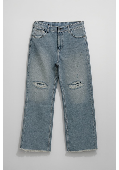 Kadın Yüksek Bel Wide Leg Dizi Yırtık Buz Mavi Jean Pantolon Mavi