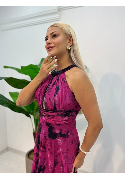 E&a Eren Abiye Stefani Yaka Şifon Kloş Elbise Pembe