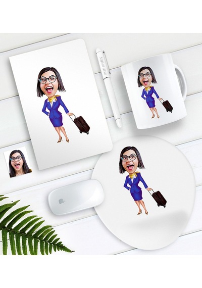 Kişiye Özel Uçuş Görevlisi Hostes Karikatürlü Defter Kalem Kupa M
