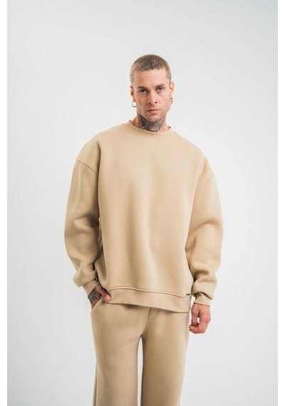 Erkek Uzun Kol Bisiklet Yaka 3 İplik Pamuklu Kışlık Sweatshirt - Bej