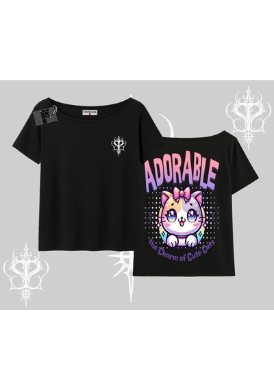 Startmore Startmore Adorable Kawaii Kedi Arka Baskılı Kayık Yaka Tshirt Siyah