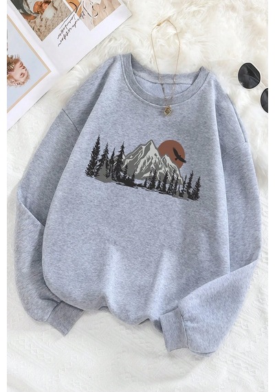 Mountain Baskılı Oversize Sweatshirt Gri