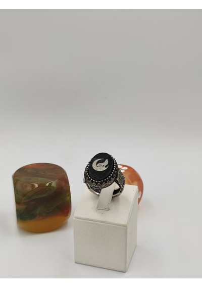 Siyah Kehribar Taşlı Hilal Bozkurt 925 Ayar 24 Mm 12,40 G. Erkek Yüzüğü Gümüş