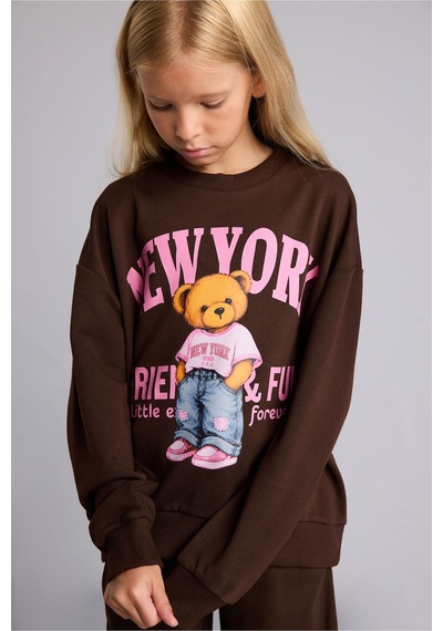Defacto Relax Fit Bisiklet Yaka Ayıcık Baskılı Sweatshirt Kız Çocuk I4157a826aubn267 Kahve-bn267