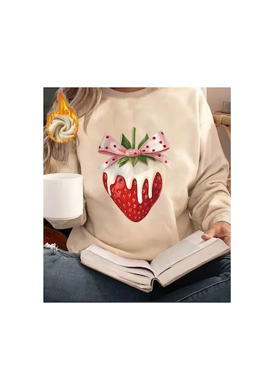 Herkesemoda Çilek Kurdele Baskı Detaylı Bisiklet Yaka Sweatshirt Bej