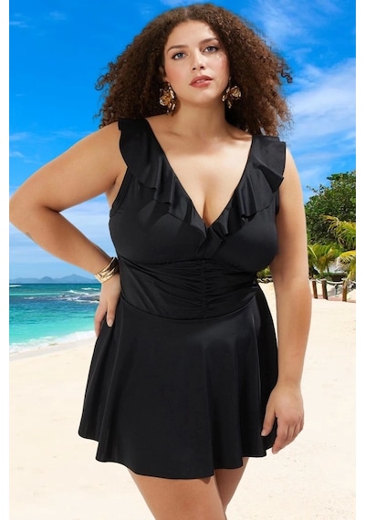 Ersefa Konforlu Plus Size Mayo Tasarım Büyük Beden Yüksek Konfor Uv Koru Siyah