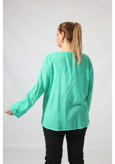 Moda Berray 3294 Yeşil Yıldız Baskılı Organik Keten Kumaş Mevsimlik Gömlek Yeşil