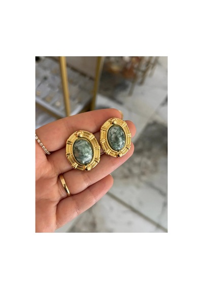Vintage Model Gold Çerçeveli Sedefli Küpe Altın