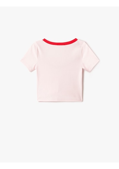 Koton Pamuklu Slim Fit Kontrast Detaylı Kısa Kollu U Yaka Fitilli Crop Tişört Pembe 5sak50342ek Gül