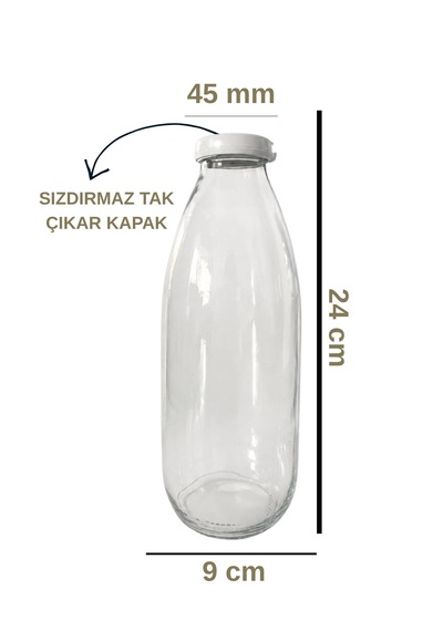 2 Adet 1000ml Beyaz Sızdırmaz Kapaklı Şeffaf Cam Süt Ayran Limonata Meşrubat İçecek Şişesi