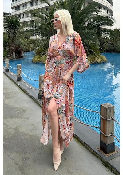 Madmext Camel Desenli Yırtmaç Detaylı Uzun Elbise Mg2325 Camel