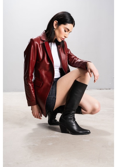 Dericlub Gloria Kadın Ceket Yaka Tek Düğmeli Gerçek Deri Blazer Ceket Ök.bordo