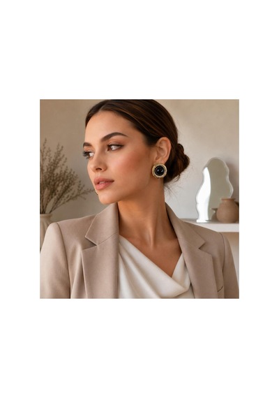 Gold Burgu Çerçeveli Siyah Taşlı Küpe Siyah - 886705171 Siyah - 886705171 Siyah