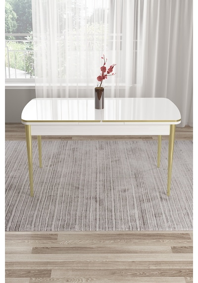 Canisa Nira Serisi 70x114 Mdf Açılabilir Gold Detay Mutfak Masası Beyaz Masa Gold Ayak