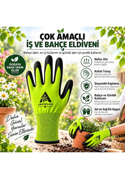 İş Ve Bahçe Eldiveni Çok Amaçlı Kaymaz Nefes Alabilir Yeşil 1 Çift