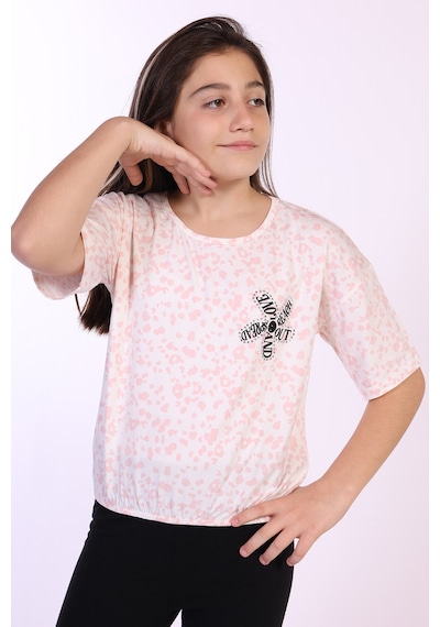 Toontoy Kids Toontoy Kız Çocuk Yazılı Çiçek Baskılı Tişört Pudra