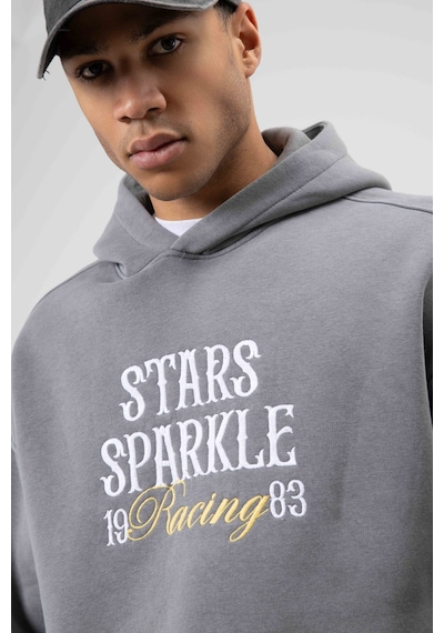 Vamos Oversize Nakış Baskılıkapüşonlu Sweatshirt Füme