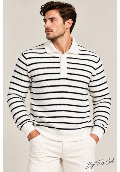 Cool Tarz Erkek Çizgili Polo Yaka Triko Kazak Slim Fit Uzun Kollu Pamuk Akrilik Karışımlı Beyaz Beyaz Cool Tarz Erkek Çizgili Polo Yaka Triko Kazak Slim Fit Uzun Kollu Pamuk Akrilik Karışımlı Beyaz Beyaz