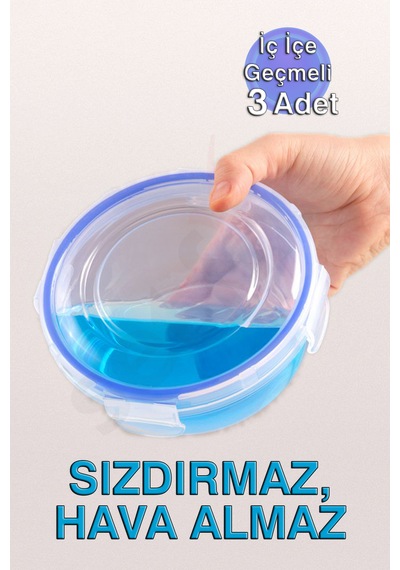 Lock&fresh Contalı Yuvarlak Saklama Kabı 400, 800, 1350ml Üçlü Set Mavi