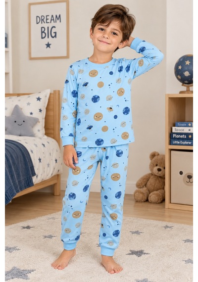 Beniizle Erkek Çocuk Desenli Pijama Takımı Mavi