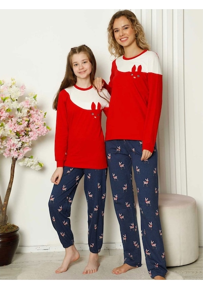 Alimer EDY5163UK-K Kız Çocuk Bisiklet Yaka Uzun Kol Pijama Takım Kırmızı