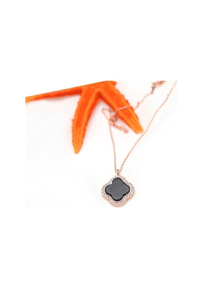 Brezza Lusso Jewelry Siyah Sedef Taşlı Yonca Kadın Gümüş Kolye 45 CM