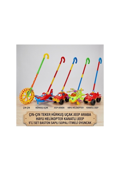 Alpmodel Çın-çın Teker Hürkuş Uçak Jeep Araba Hayu Helikopter Kanatlı Jeep Baston Saplı Sopalı İtmeli Oyuncak 5 Li Set