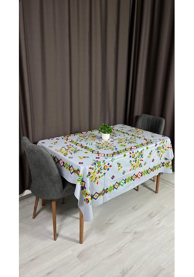 Kolay Temizlenebilir Renkli Cıvıl Cıvıl Desenli Masa Örtüsü 170x170 Cm Gri