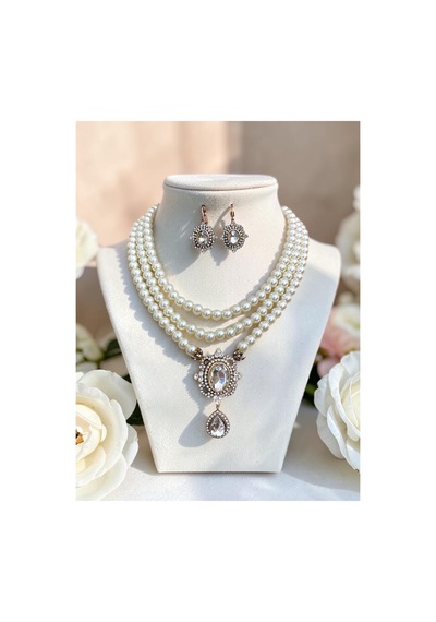 Beyaz Kristal Taşlı İnci Kolye Ve Küpe Seti 72418040