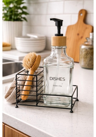 Makri Home Metal Stantlı Bambu Kapaklı Cam Sıvı Sabunluk/deterjanlık, 500 Ml, 15 8,5 23 Cm Şeffaf