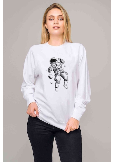 Astronot Uzay Boşluğu Baskılı Beyaz Kadın Sweatshirt (528296160)