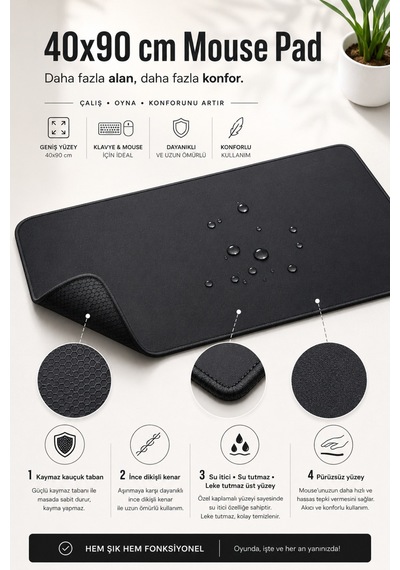 Siyah Beyaz Çiçekli Hayvan Silüeti 40x90 Cm Oyuncu Mousepad Kaymaz Taban Büyük Boy Mousepad