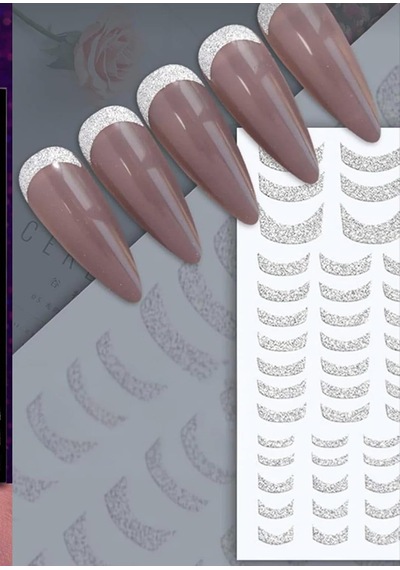 Gümüş Simli Fransız Manikür Tırnak Sticker, Nail Art Süsleme, Protez Tırnak Kalıcı Oje İçin Dekoratif Çıkartma