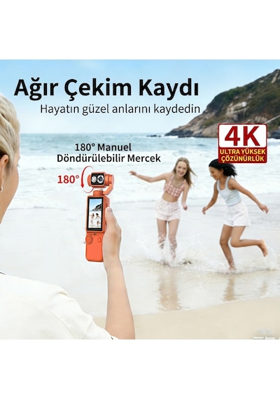 4k 1080p Yükek Çözünürlüklü 180 Açılı 2000mah Bataryalı Aksiyon Kamera Turuncu Renk