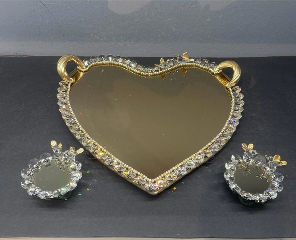 Dekoratif Kristal Cam Ayna Kalp Sunum Tepsisi Gold