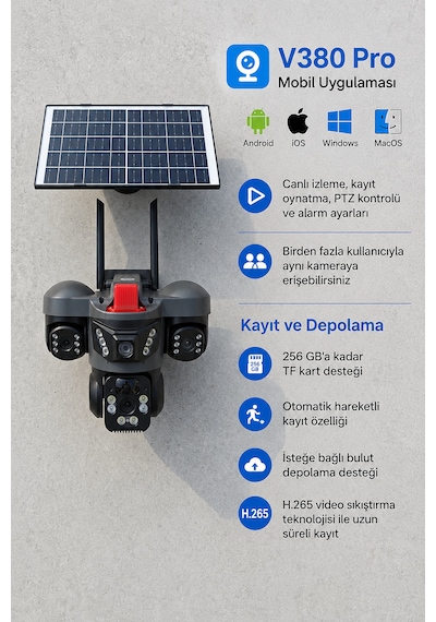 ARM-01 Solar Güneş Panelli 15MP 3 Lensli 4G Sim Kartlı Güvenlik Kamerası 360° PTZ Gece Görüşlü Sesli Dış Mekan V380 Pro