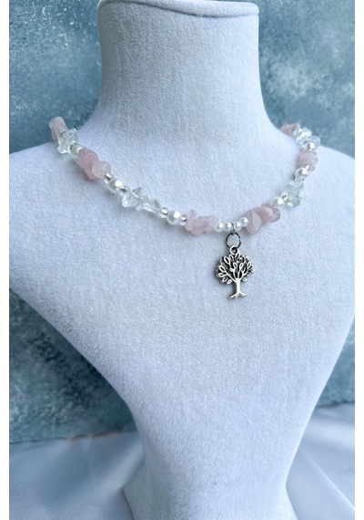 Pembe Kuvars Ve Kristal Kuvars Hayat Ağacı Doğaltaş Kolye Standart