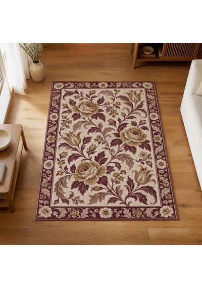 Kartela Halı Vintage Çiçek Bordürlü Halı Bordo Kaymaz Taban Makinede Yıkanabilir 60x90 Cm