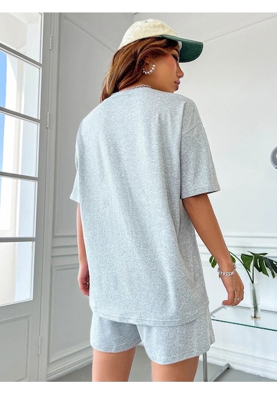 Love T-shirt Şort Gri 2'li Kombin Şort Tişört Takım Baskılı Oversize Bisiklet Yaka Gri