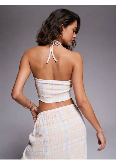 Merlot Halter Yaka Ekoseli Crop Üst Ekose