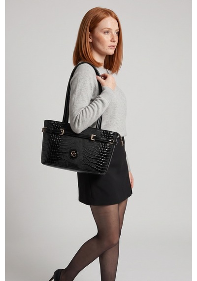 Gaia Rinaldi Kadın Parlak Timsah Siyah İguana Desenli Kemer Detaylı Kova Model Omuz Ve Çapraz Çanta