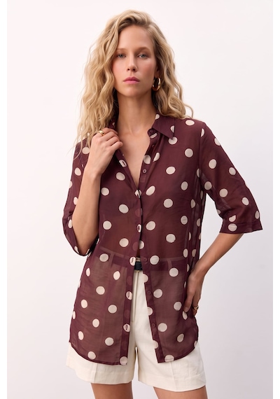 Sateen Puantiye Desenli Gömlek - Bordo-137750
