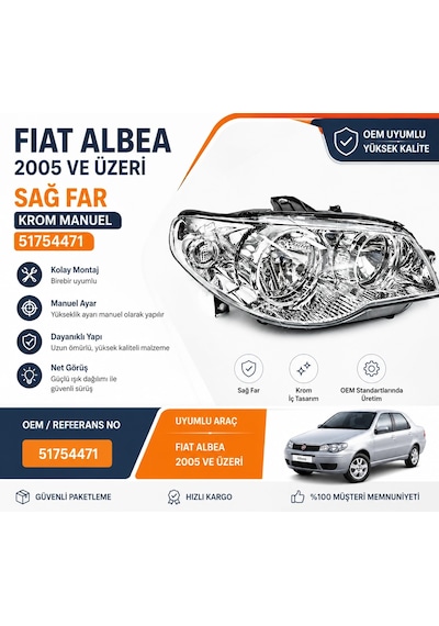 Fıat Albea 2005 Ve Üzeri Sağ Far Krom Manuel 51754471