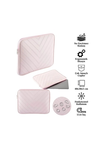 Notebook Laptop Apple Uyumlu MacBook Çantası Suni Deri 13"-13.6" İnç - 800-düz Açık Pembe