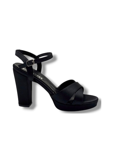 Erbay 308-26 Parlak Saten Çapraz Bant Kalın Topuk Kadın Sandalet 11cm Siyah
